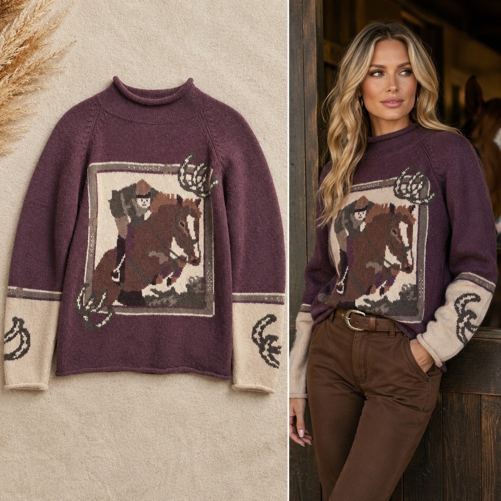 Vintage EQUE Fashion Shetland Wool Horse Sweater Womens S M Equestrian Old Money - Picture 2 of 10